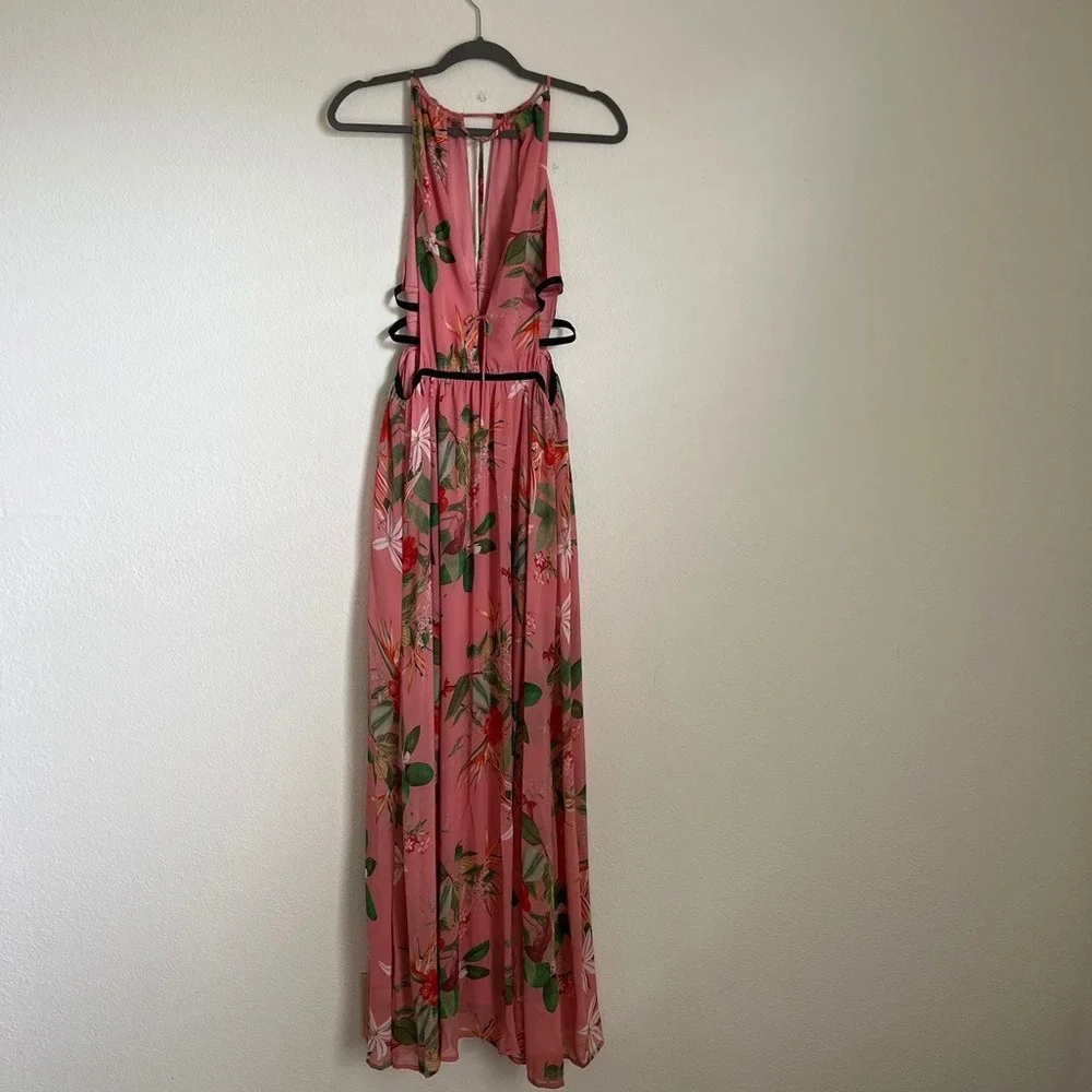 Express‎ Pink Tropical Floral Cutout Halter Maxi Dress Boho Resort Size M Flowy! - Picture 4 of 8